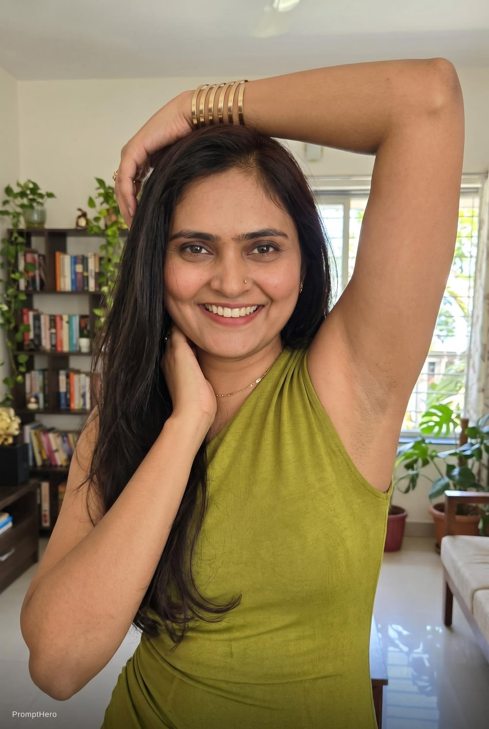 AI generated: She shows her armpit and her face shown