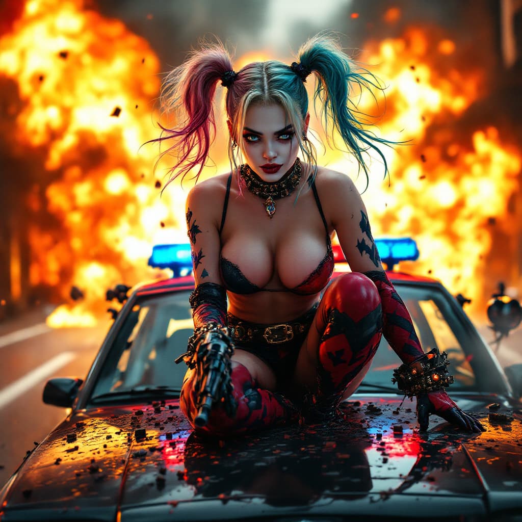 AI generated: Harley Quinn, on top of a police car, explosions behind her, fire, chaos, minigun, far view, bullet ...