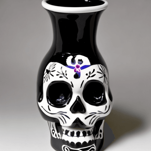 AI generated: ceramic vase, pottery art, day of the dead, black base, white skull