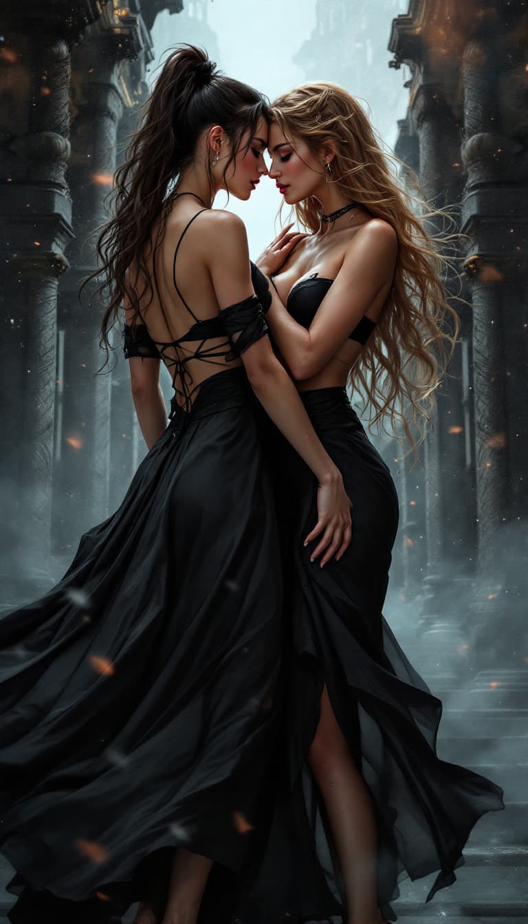 AI generated: Two Gorgeous woman, ufotable masterpiece, full body, best quality artwork - stylized - high contrast...