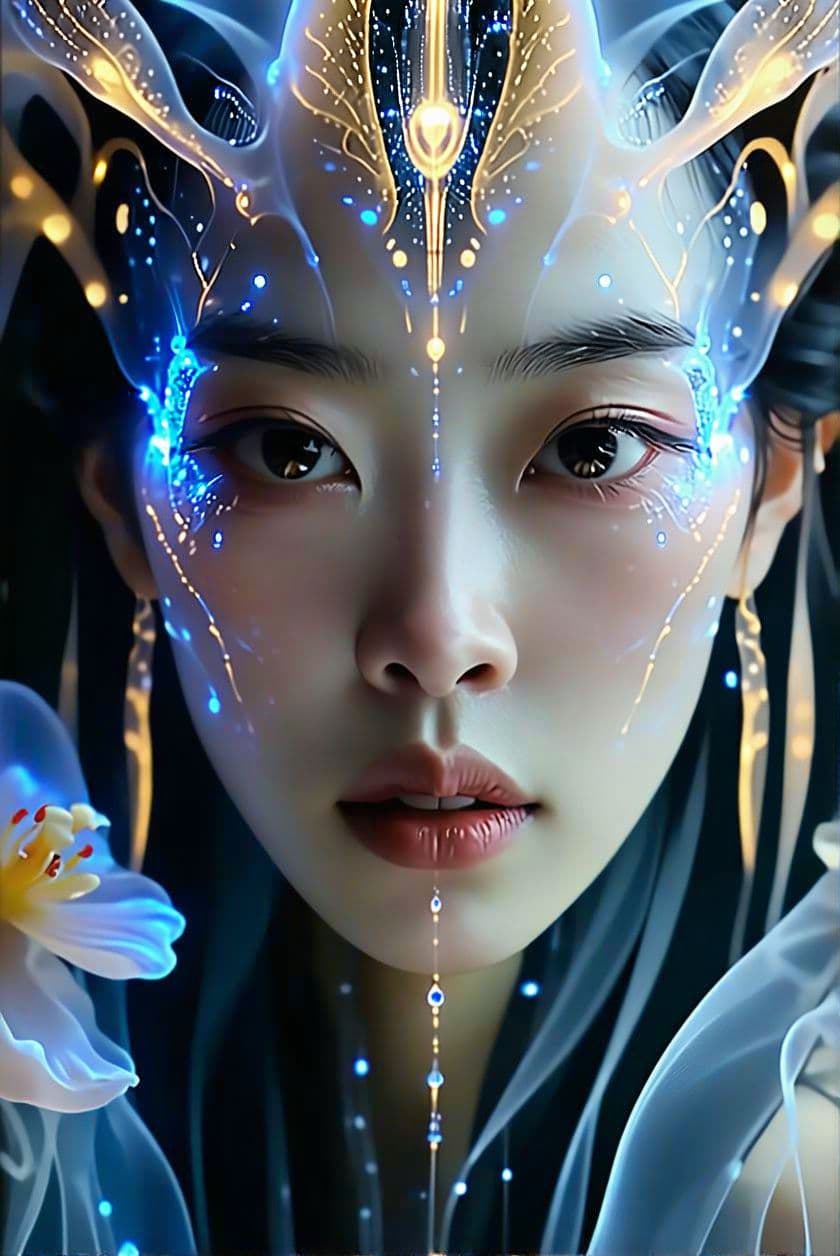 AI generated: Goddess close-up portrait ribcagel. jellyfish phoenix head, nautilus, orchid, skull, betta fish, bio...