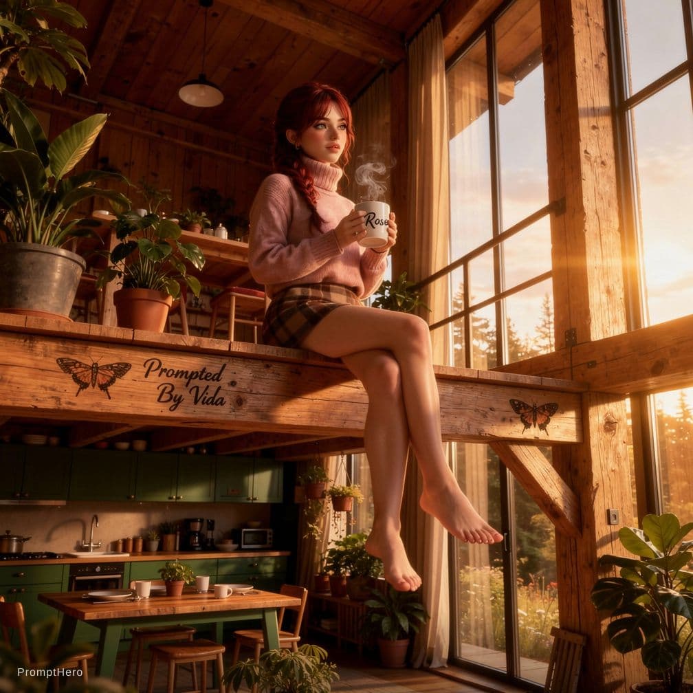 AI generated: Plano general, contra picado de abajo a arriba, vista desde abajo, acogedor interior de un loft de m...