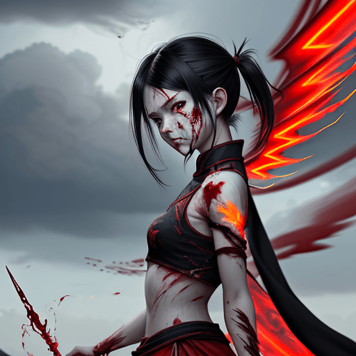 AI generated: 1girl, blood on face, angry, <lora:nezha_20230529030816:0.75>, holding spear, (flying), chinese myth...