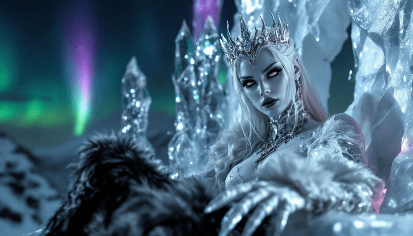 AI generated:  4K, magazine photo shoot quality image of a beautiful 23-year-old platinum blonde ice witch with pi...