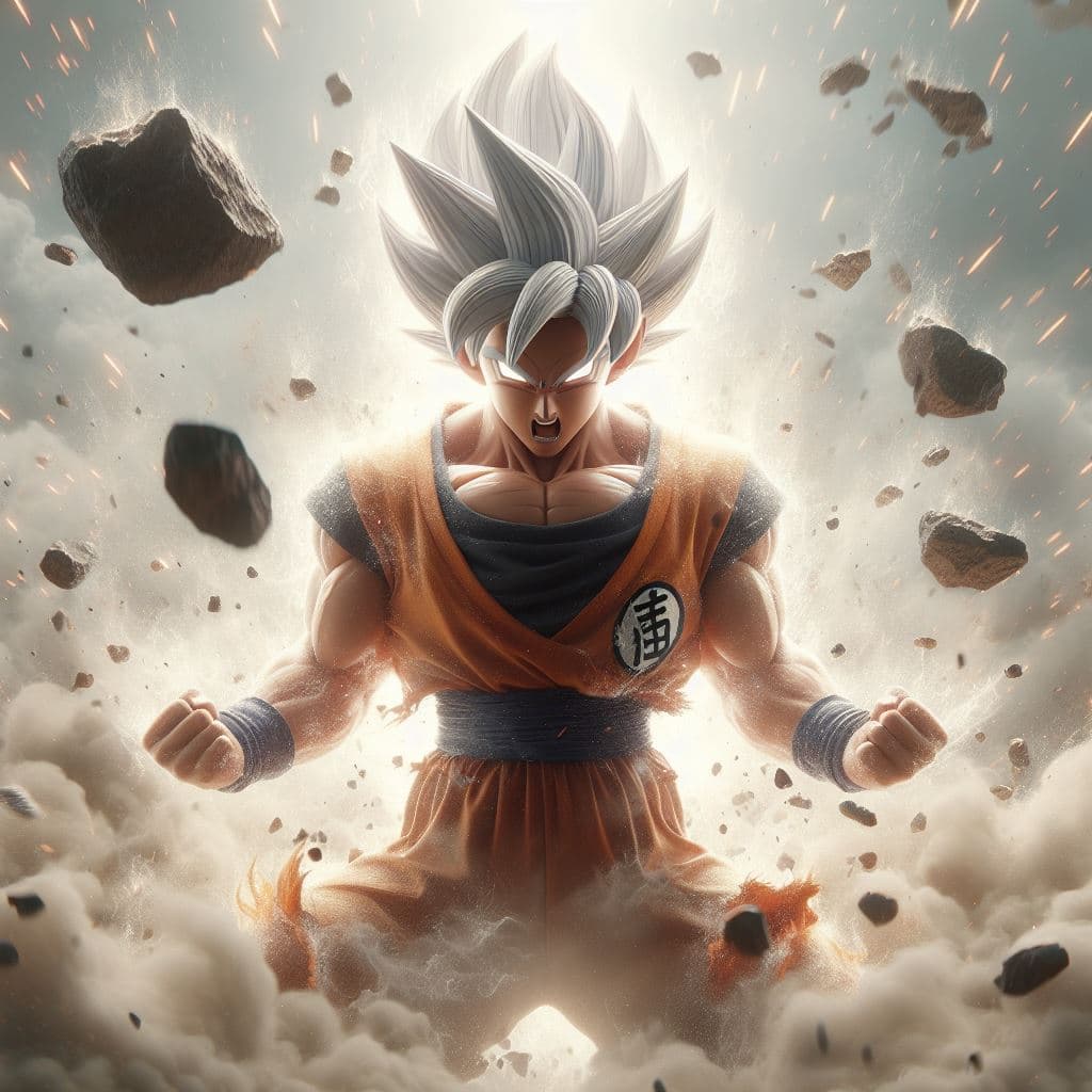AI generated: Goku Ultra Instinct, dragonballz, white fire, wearing typical dragonball clothes. Very angry. The ba...
