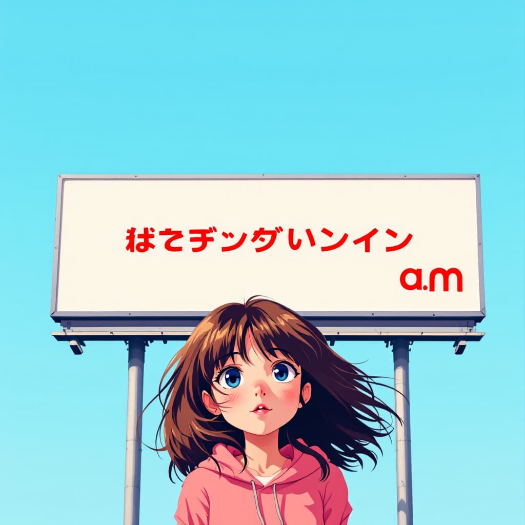 AI generated: fast food ad, billboard sign, 90s, anime, japanese pop, japanese words, in the style of Jamie Hewlet...
