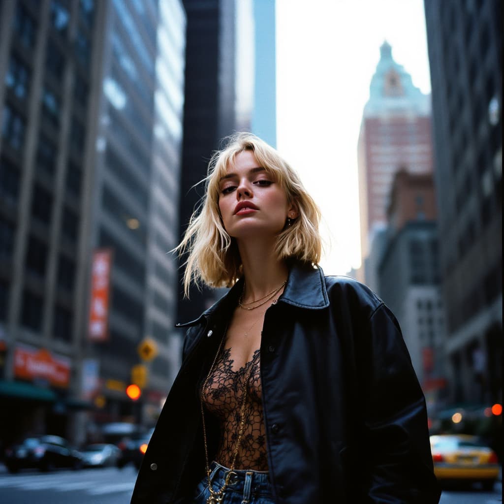 AI generated: Street style photo of a grunge style woman in the streets of 1980 Manhattan standing in front of a s...
