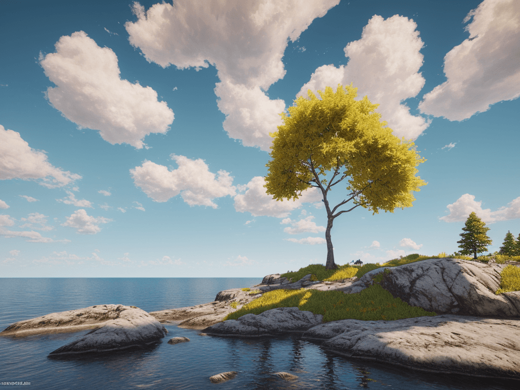 AI generated: photorealistic oil on canvas,
sparse clouds in a soaring sky, sunny, bright colors,
small trees, roc...