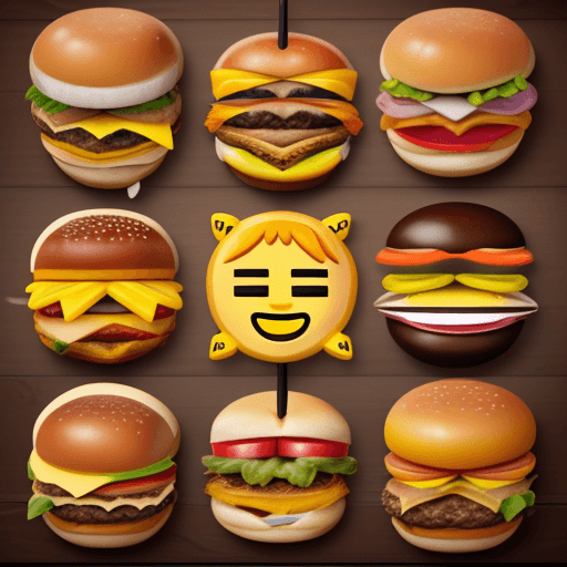 AI generated: table layout of eight unique and realistic cheeseburger emojis, highly detailed, 8k, octane render