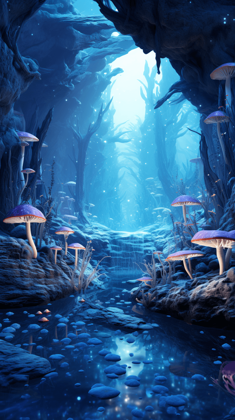 AI generated: snow on the ground::2, dense forest of magic blue giant mushrooms::2, calm water stream, winter seas...