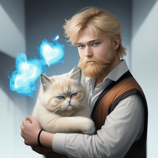AI generated: /imagine prompt: Picture young man with cat, blonde hair, beard, himalayan cat, blue eyes, friendshi...