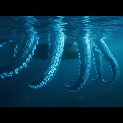 AI generated video: "A cinematic video sequence in high-resolution 4K, depicting a massive, majestic giant octopus emerg...
