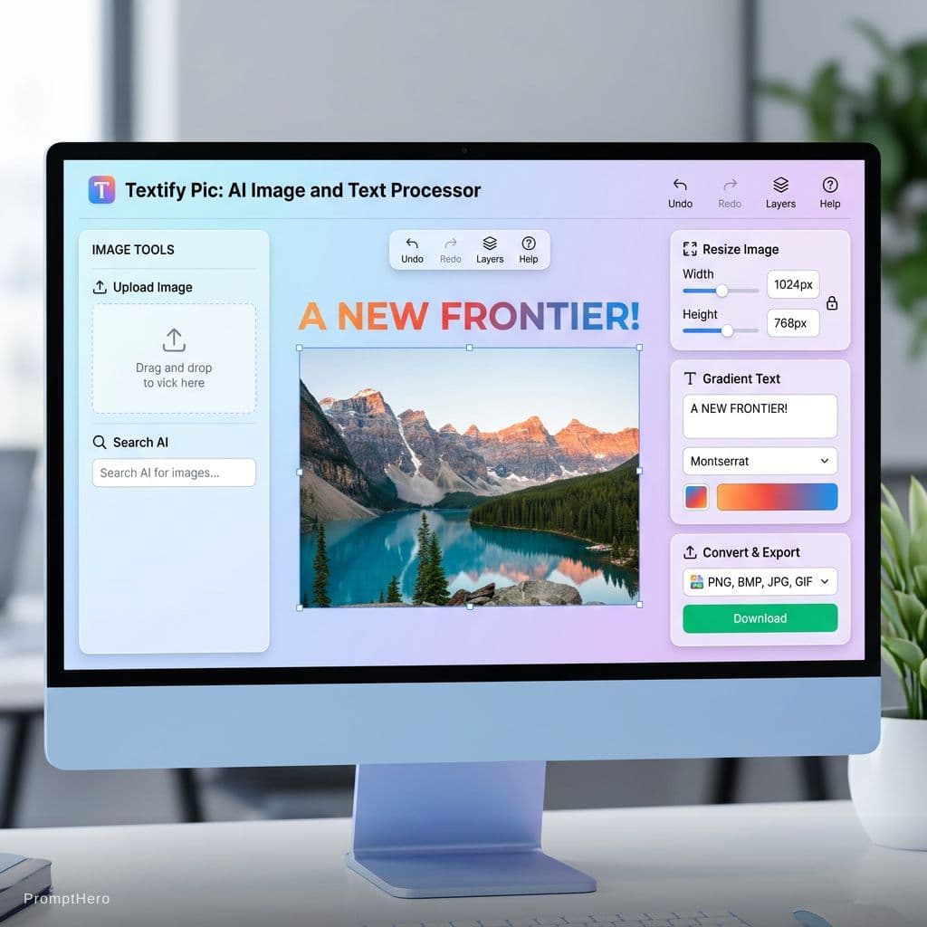 AI generated: Textify Pic: Search AI and Upload Image, Resize Image, add gradient text, Convert to formats like PN...