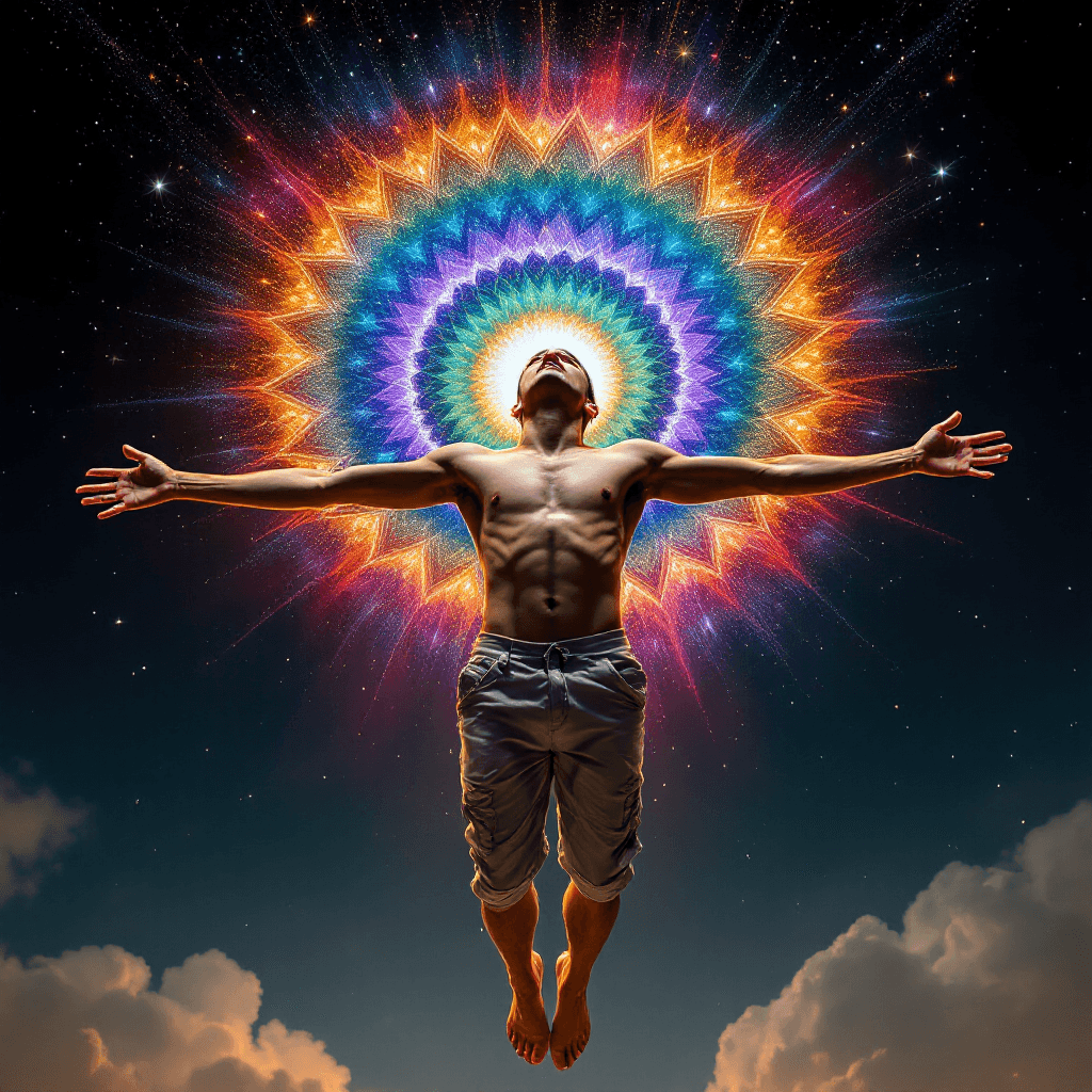 AI generated: a very skinny Latino college age guy takes off his shirt, outstretches his arms and begins to float ...