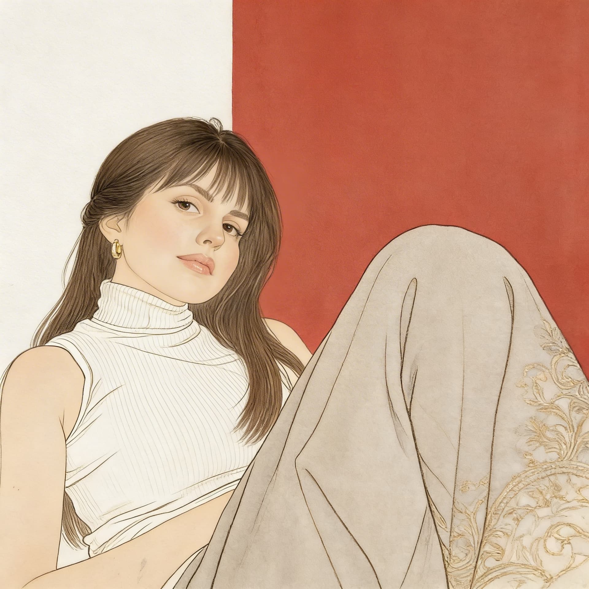 AI generated: girl, intricate lines, warm and muted tones, vintage style, handcrafted aesthetic, minimalist backgr...