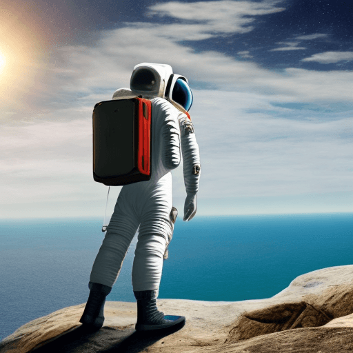 AI generated: An astronaut watches the sea view from a high hill with his suitcase in his hand
