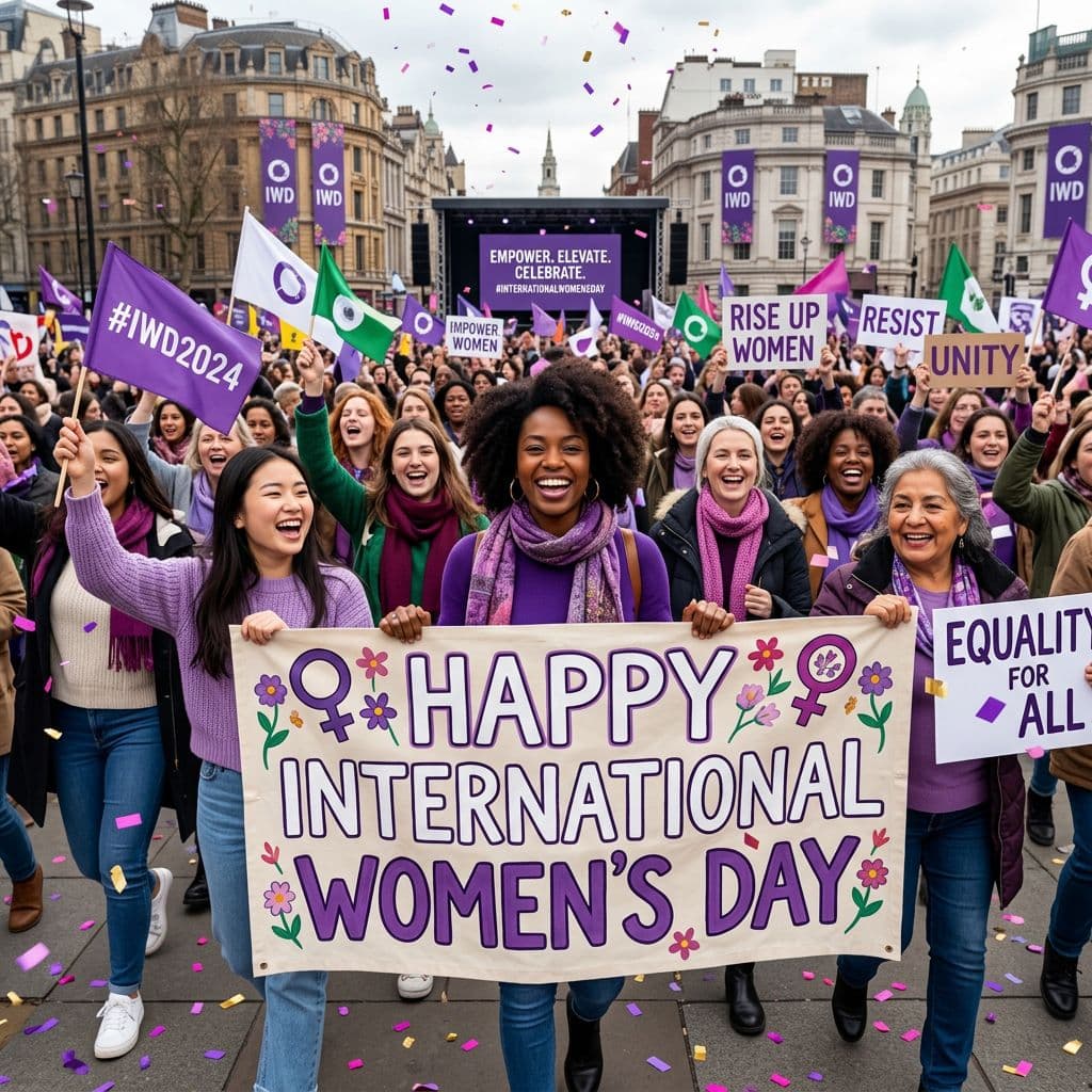 AI generated: 4K HD ultra-realistic image of the celebration of International women's day with the text 'Happy Int...