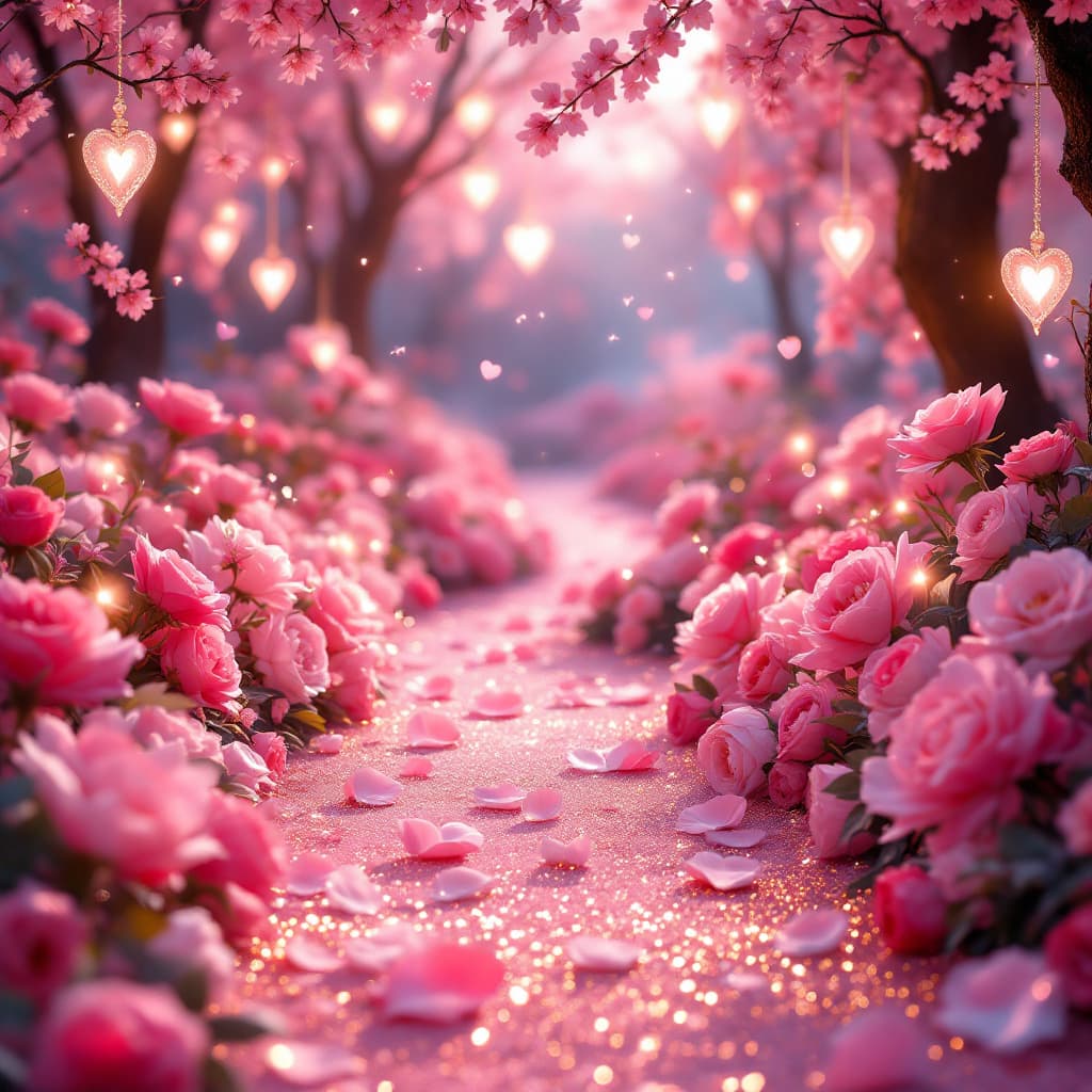 AI generated: A romantic Valentine's Day scene set in a dreamy, ethereal world. The environment sparkles with irid...