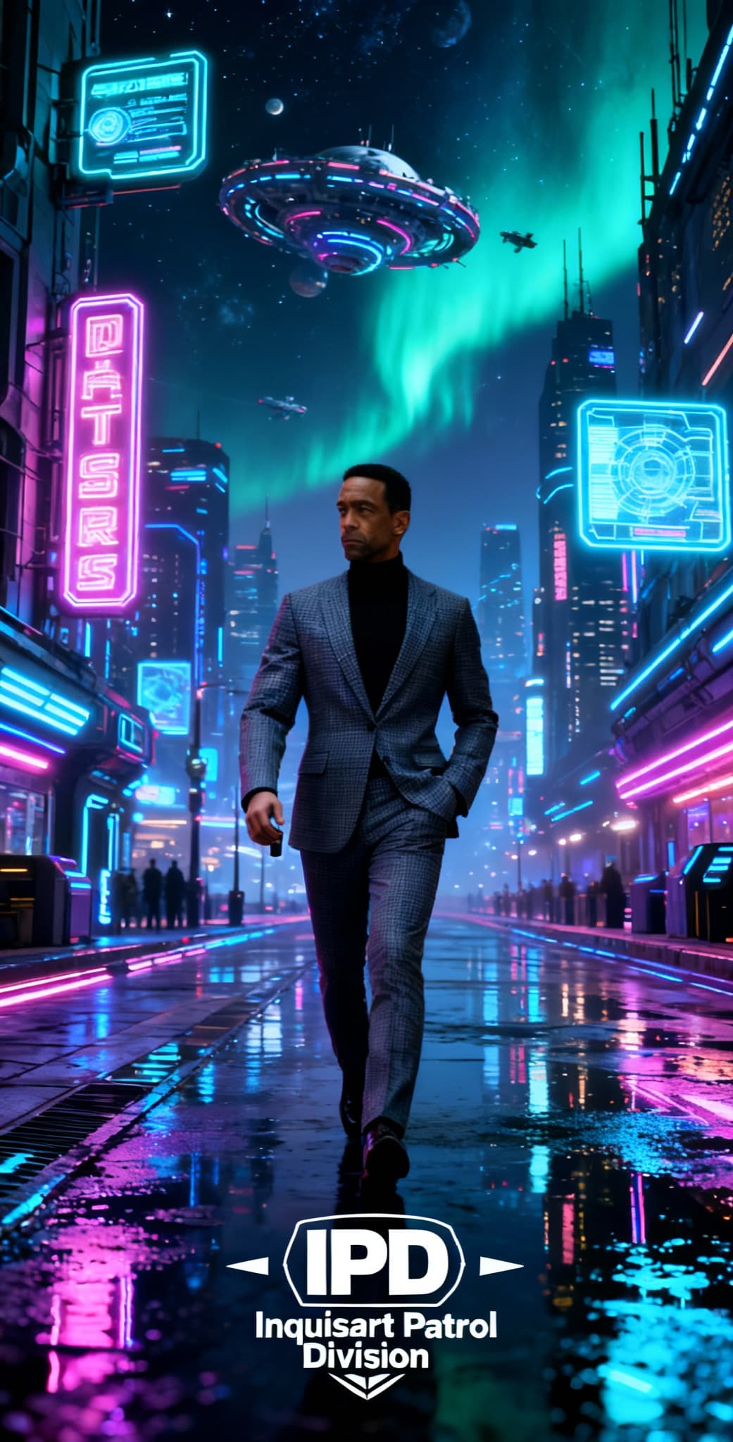 AI generated: A single futuristic detective in a tailored suit walks through a neon-lit sci-fi city. Cinematic rea...