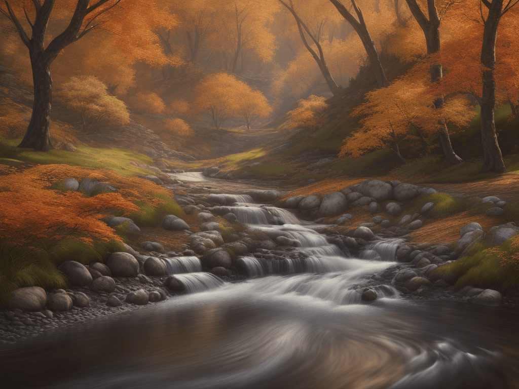 AI generated: photorealistic oil on canvas, 
small hills, flowing river, trees,
beautiful setting, fall,
Foregroun...