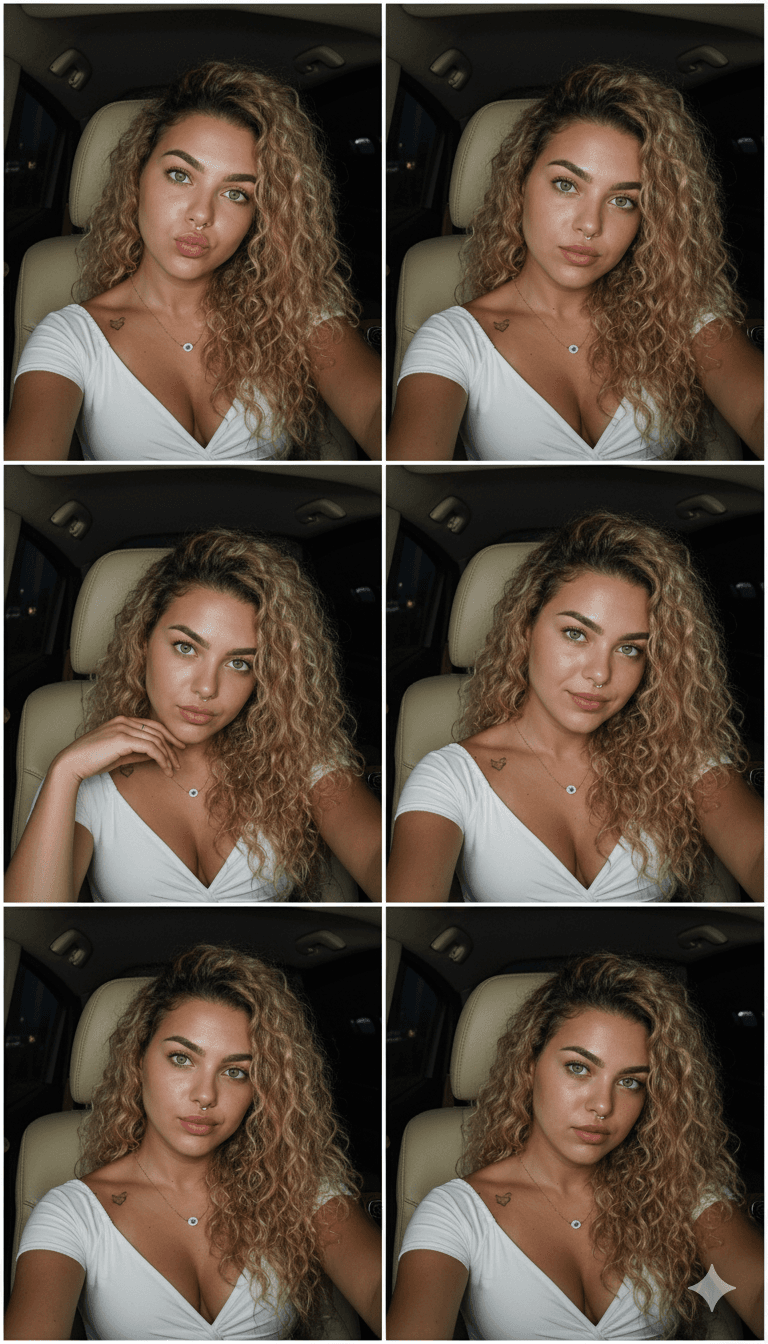 AI generated: "scene": {
      "concept": "6-frame vertical contact sheet collage of night car selfies using direc...