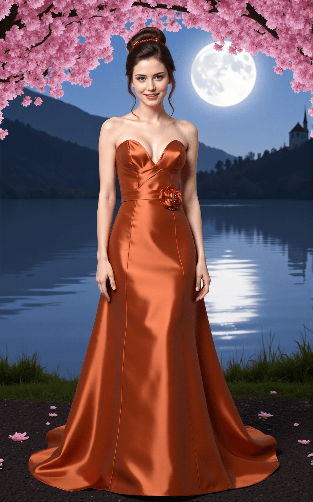 AI generated: A young female is elegantly dressed in a stunning copper strapless deep plunging v-neckline satin go...