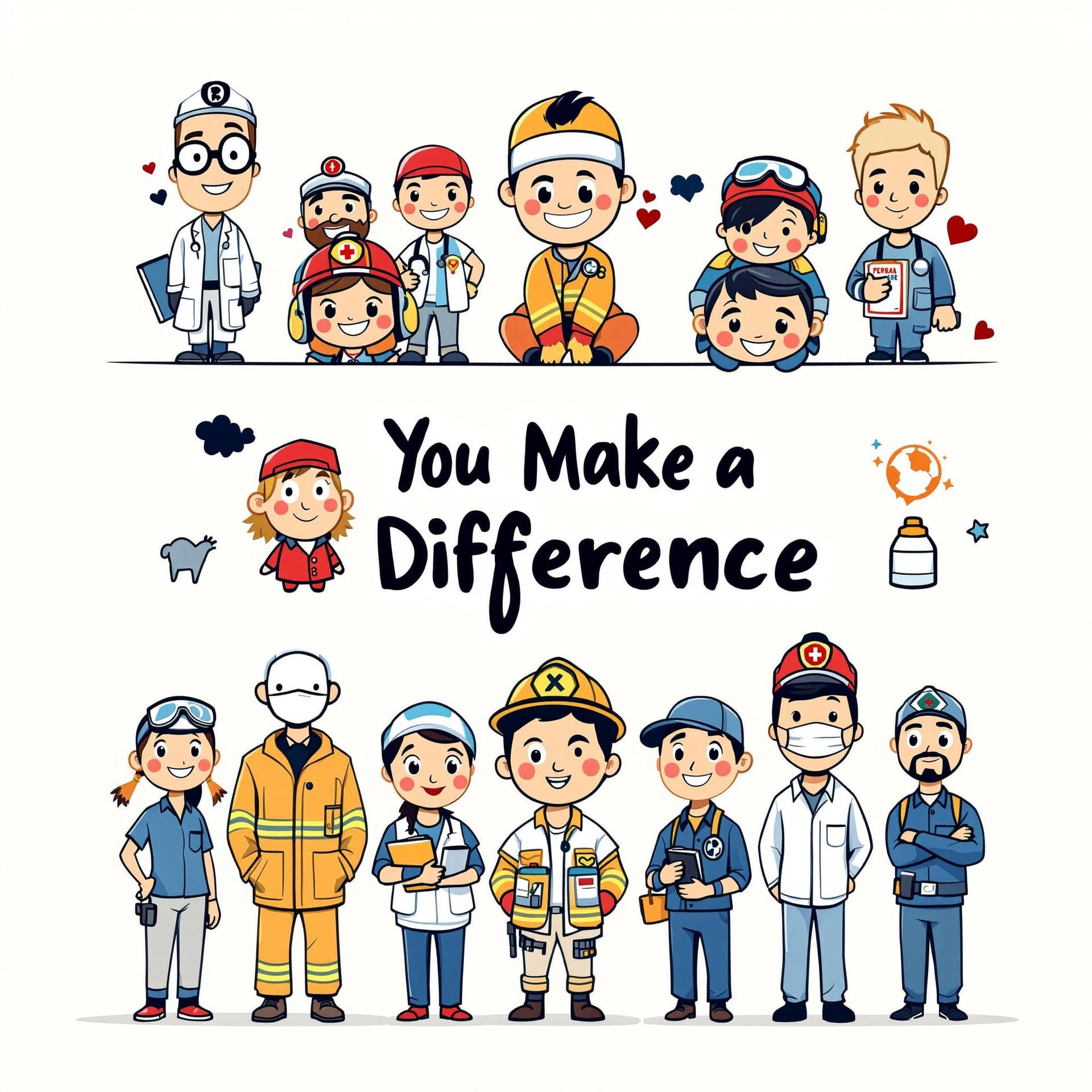 AI generated: "Design of cartoon characters representing various professions like doctors, firefighters, teachers,...