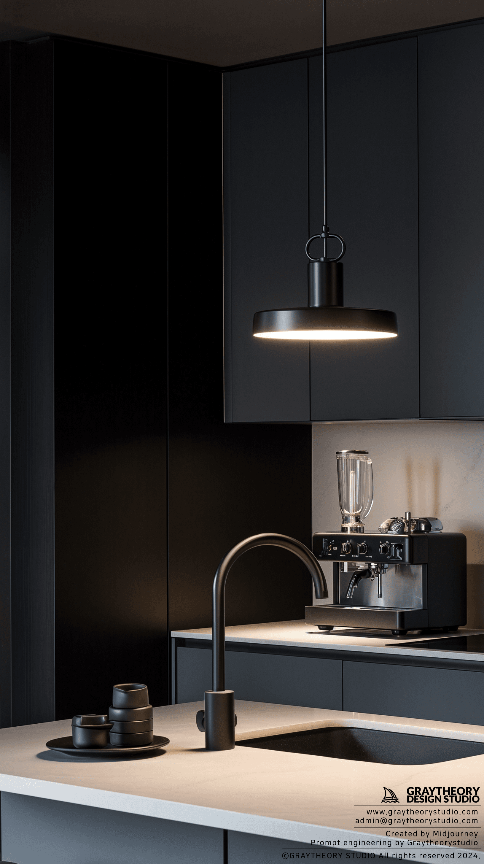 AI generated: modern kitchen, in the pre-dawn light, sleek concrete and matte black finishes, with a Pantone palet...