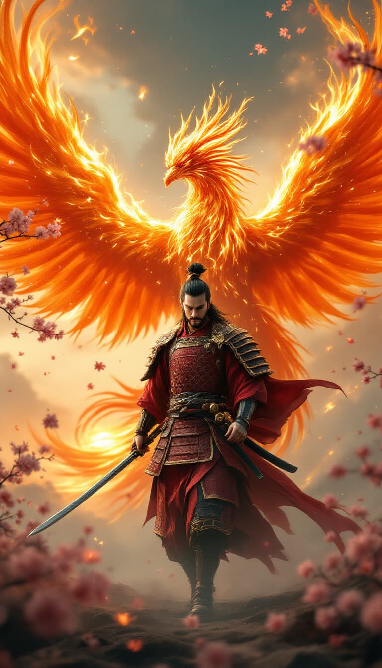 AI generated: Photo of a ultra realistic regal samurai with long black hair tied in a small topknot, wearing deep ...