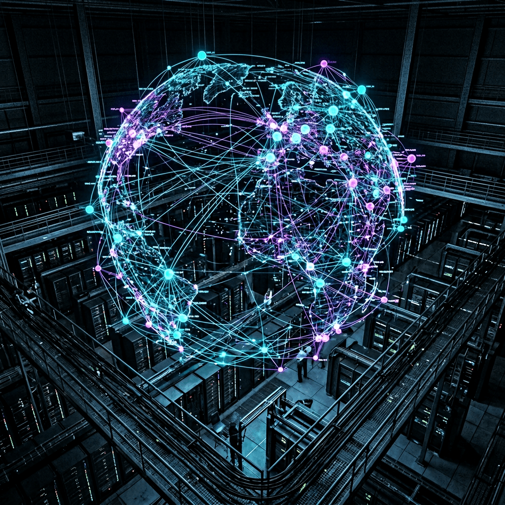AI generated: "Vast network architecture room, 3D holographic network topology, nodes pulsing cyan (#32CDF0) and p...
