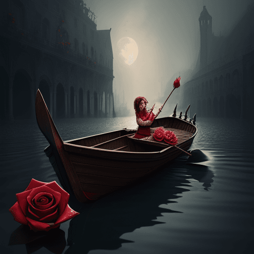AI generated: A rose in a boat floating through hell