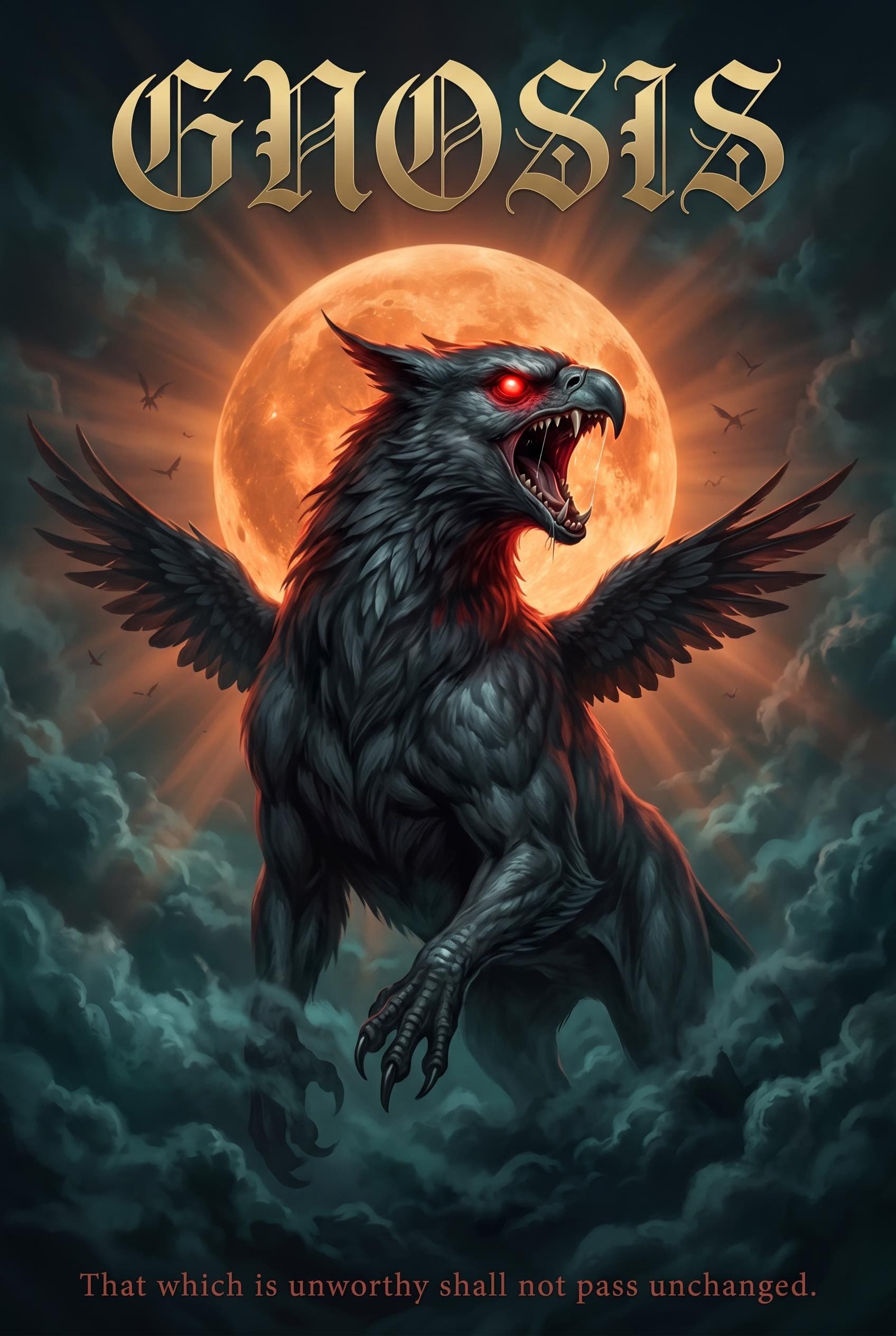 AI generated: A colossal dark gryphon dominates the composition, hovering amid churning storm clouds, not standing...