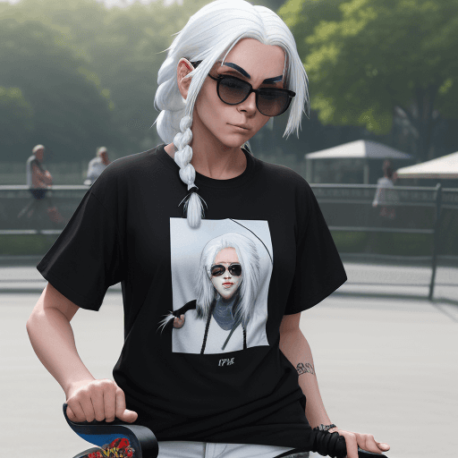 AI generated: girl with white hair, braided, wearing large sunglasses, a large black T-shirt,  skateboarding in th...