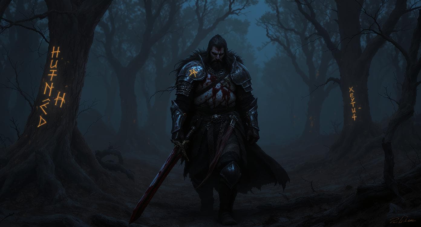 AI generated: A lone medieval warrior walks through a dark, ancient forest at dusk, wearing battered and blood-sta...