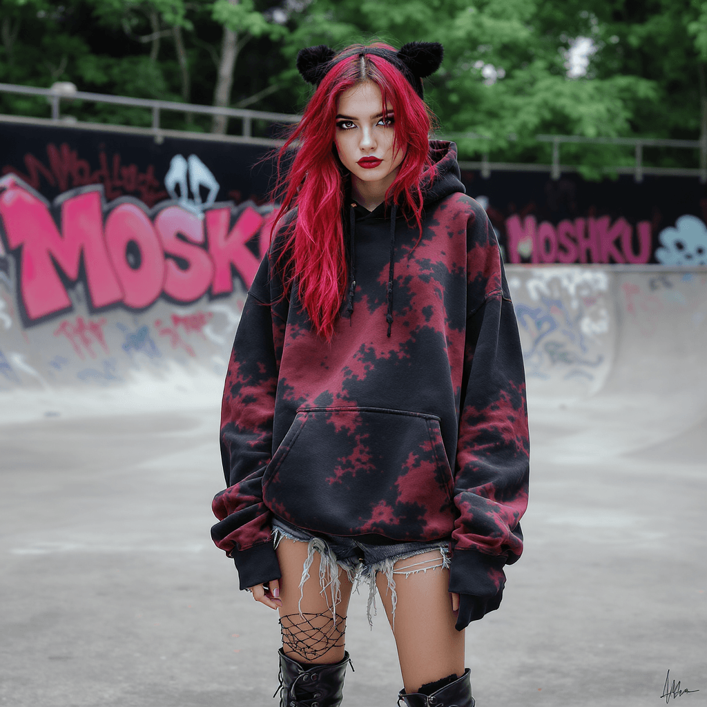 AI generated: A photorealistic image of a stylish girl in edgy streetwear fashion. She is wearing a black oversize...