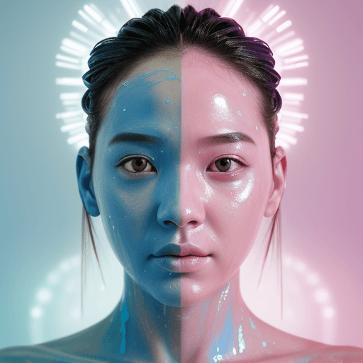 AI generated: three quarter portrait of the blue body with pink face is covered in fluids, in the style of futuris...