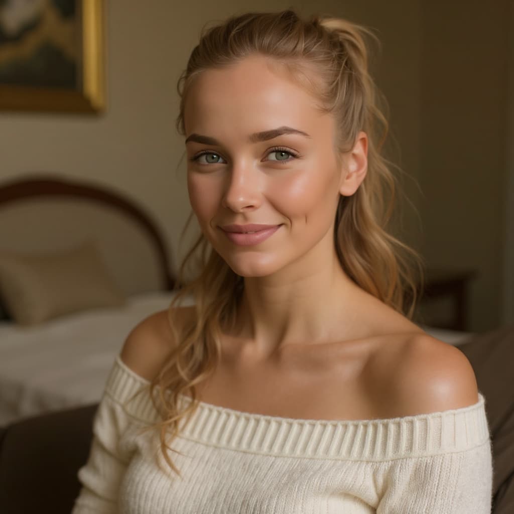 AI generated: fantasy art, woman , young, messy ponytail dark blonde hair, grey  eyes, sitting on sofa, small brea...