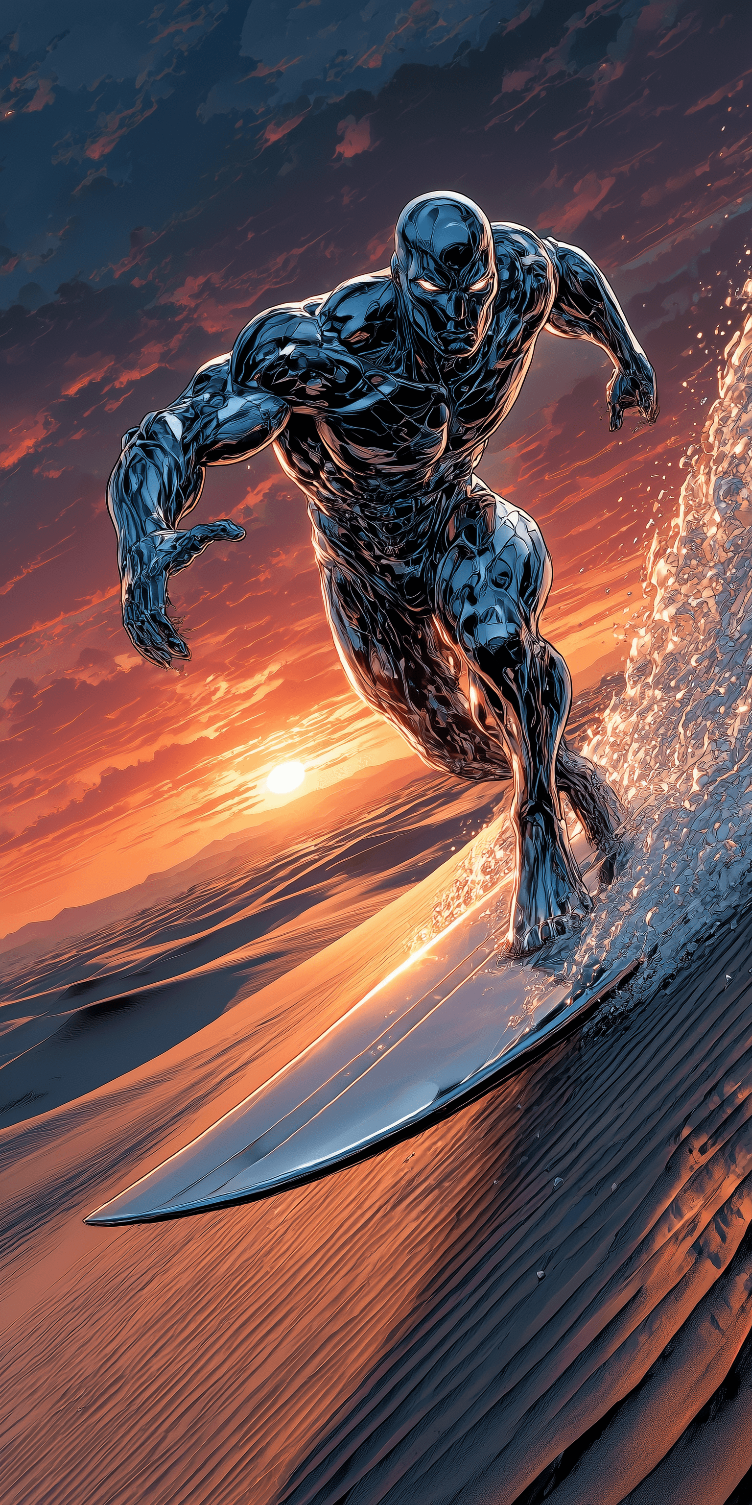AI generated: Silver Surfer, 5D UHD Cinematic, sharp focus, rendering, soft lighting, balanced detailed comic book...