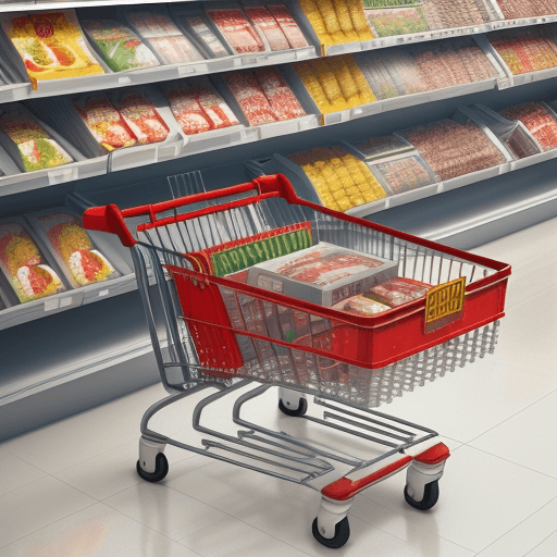AI generated: create a 3D digital art of two shopping carts, inside a supermarket, aluminum material, red handles,...