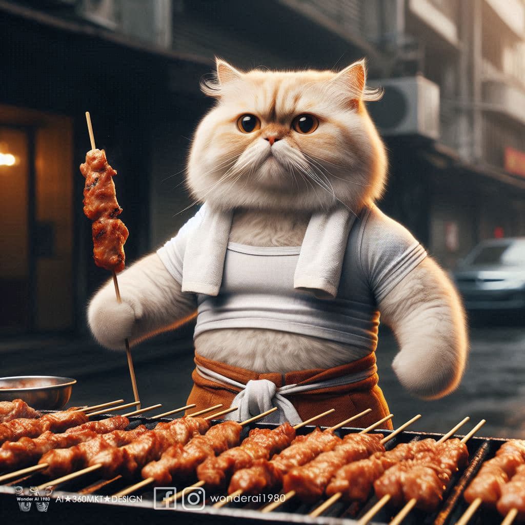 AI generated: Dramatic photo, panorama, full body, anthropomorphic real cute creamy cat, wearing old white sweatsh...