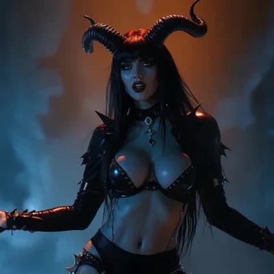 AI generated video: The darkhaired female with horns and leather outfit sings while se gasticulates. She use her bellymu...