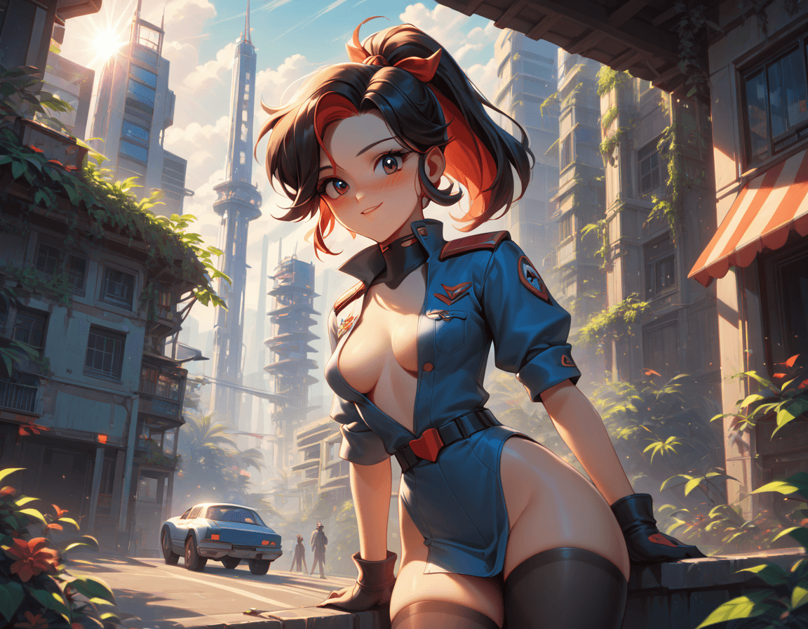 AI generated: score_9, score_8_up, score_7_up, 1girl, sci-fi, retro futurism, outside, distant skyline, boobies_un...