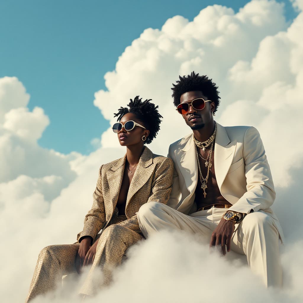 AI generated: A photo of an eccentric black woman and a black eccentric man both  sitting on top of white fluffy c...