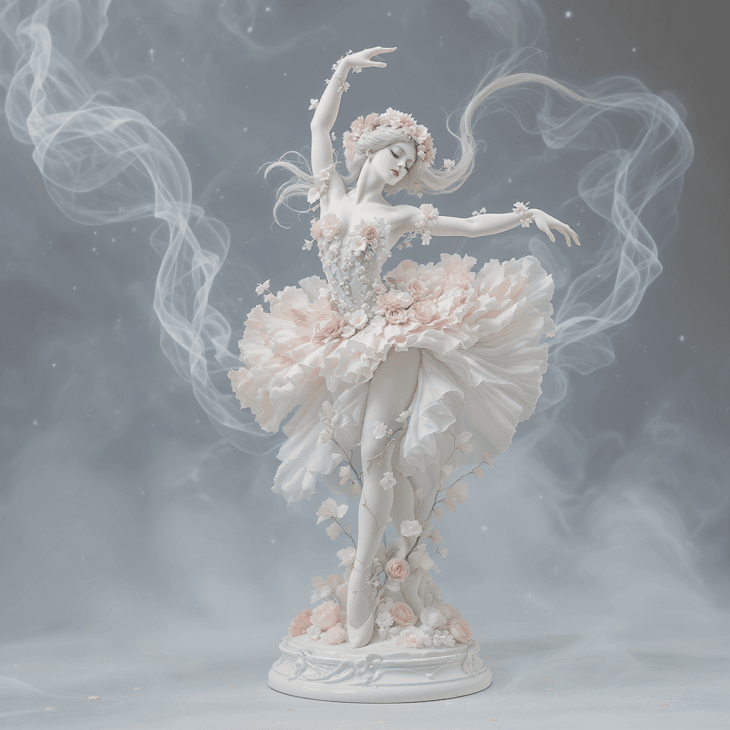 AI generated: A porcelain ballerina sculpted with floral elegance, captured mid-dance in a graceful arabesque pose...