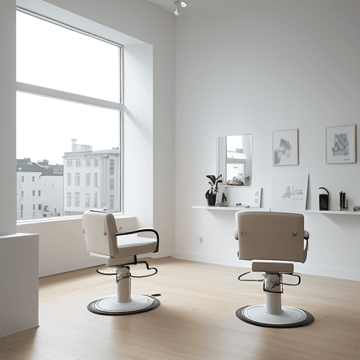 AI generated: minimalist hair salon and a barber, filled with natural light on a sunny city morning, white-washed ...