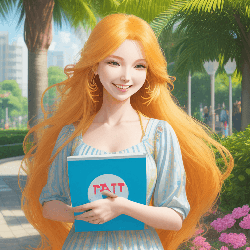 AI generated: A cheerful lady with long, flowing hair smiles brightly, holding a small, handwritten  that says, “G...