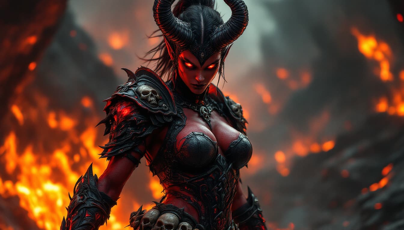 AI generated: Fierce demoness warrior, piercing red eyes, Red Skin,Skull on her belt and pauldrons that look if th...