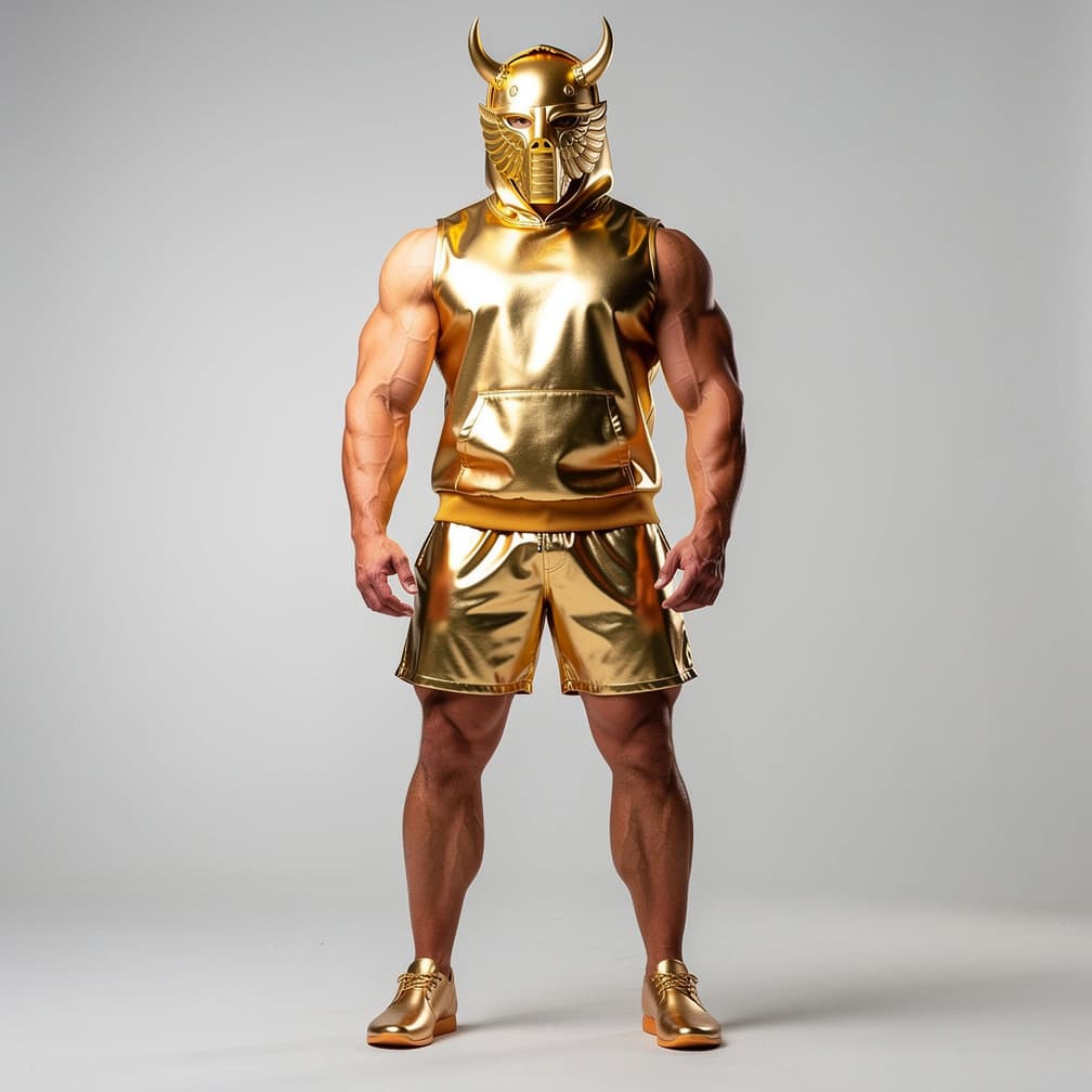 AI generated: A big muscular man wearing gold short shorts and a gold tank top with a hood showing plus a gold win...