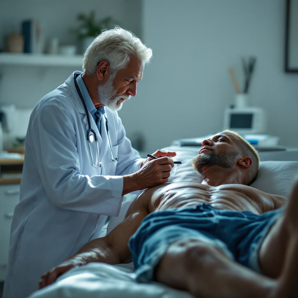 AI generated: high-resolution photo, elderly black doctor examines muscular male with platinum blonde hair, cutoff...