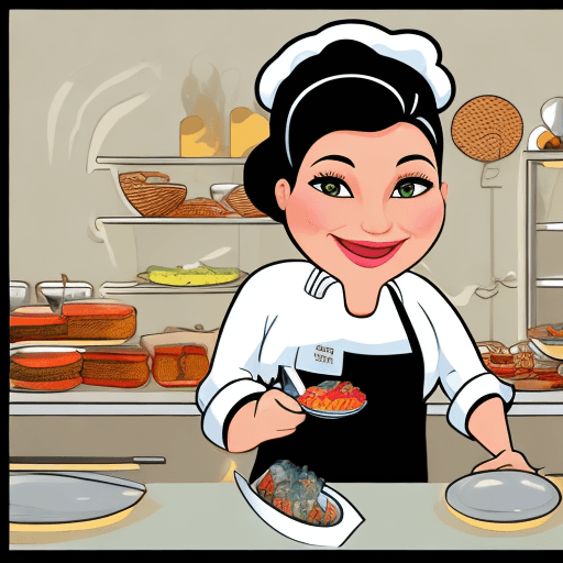 AI generated: A cartoon-style image of a proud chef in front of a boutique restaurant. The chef is a woman with wa...